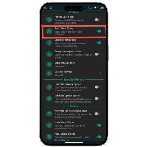 Anti-view-once — GB WhatsApp screenshot