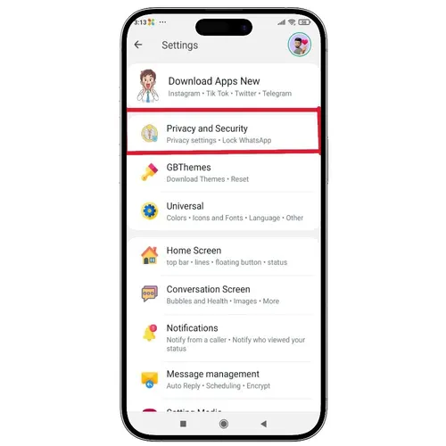 Settings overview — GB WhatsApp screenshot